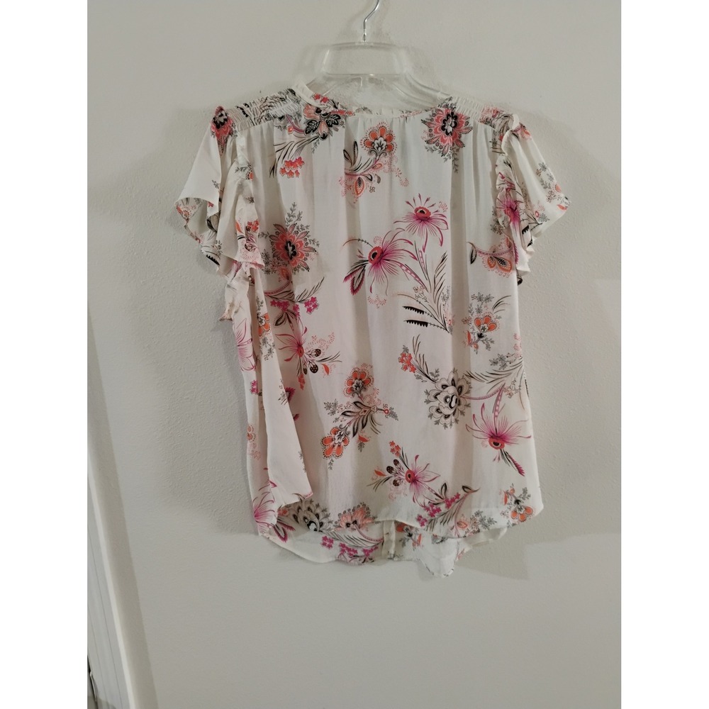 Ann Taylor Floral Flutter Sleeve Smocked Blouse White Pink Orange XL